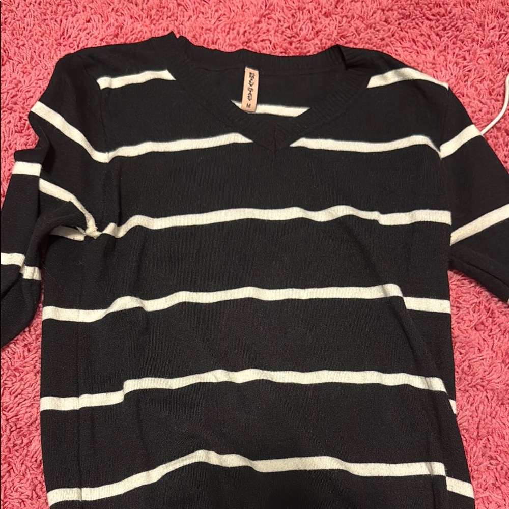 Vneck Black and White Striped Sweater